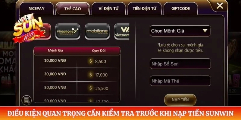 Nạp tiền Sunwin Điều kiện quan trọng cần kiểm tra trước khi nạp tiền Sunwin